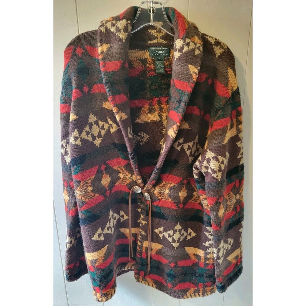 Vtg Ralph Lauren Large Southwestern Aztec Lambswool Hand Knit Cardigan Concho L